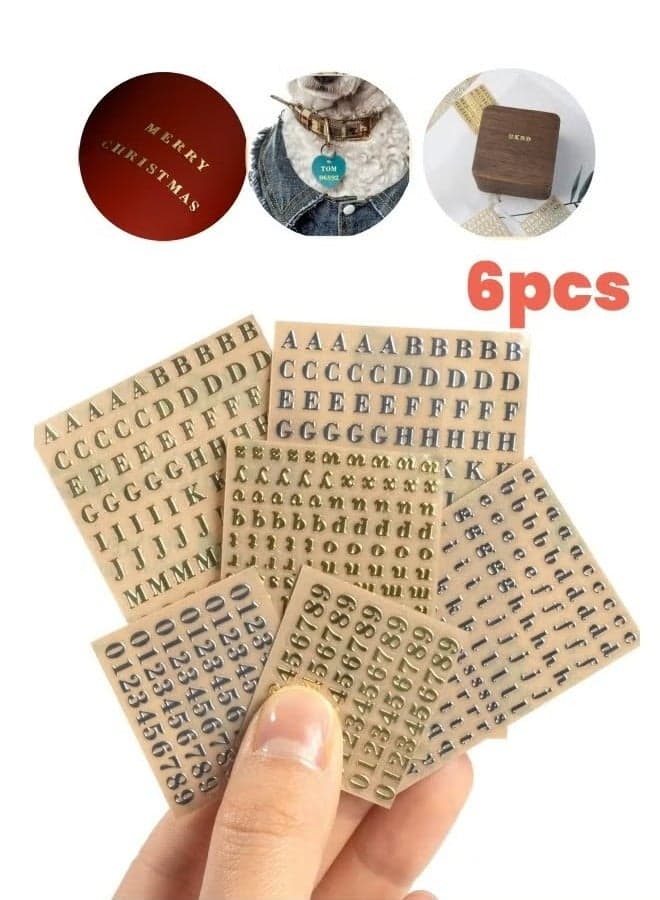 6 Sheets 0.12inch Alphabet Number Stickers Mini Letters Stickers Glitter Alloy Self Adhesive Stickers for Epoxy Resin Casting Decoration DIY Crafts Scrapbook, Golden/Silvery, 3mm