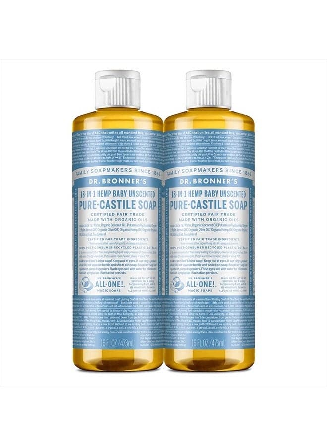 Pure-Castile Liquid Soap (Baby Unscented, 16 ounce, 2-Pack) - Made with Organic Oils, 18-in-1 Uses: Face, Hair, Laundry and Dishes, For Sensitive Skin and Babies, No Added Fragrance
