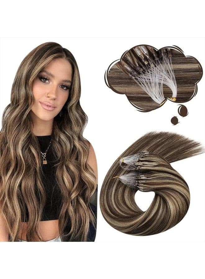 Microbead Hair Extensions 16 Inch Highlighted Hair Extensions Color #4 Chocolate Brown Mixed with #27 Caramel Blonde Micro Loop Hair Extensions Real Human Hair 50g/50s