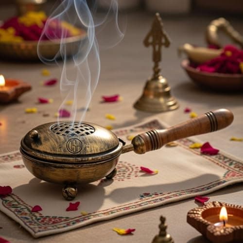 DSH Charcoal Incense Burner, Loban Burner With Handle, Dhoop Dhuni Burner Sambrani Dhoop, Resin & Home Office Temple Prayer Butler(Round)