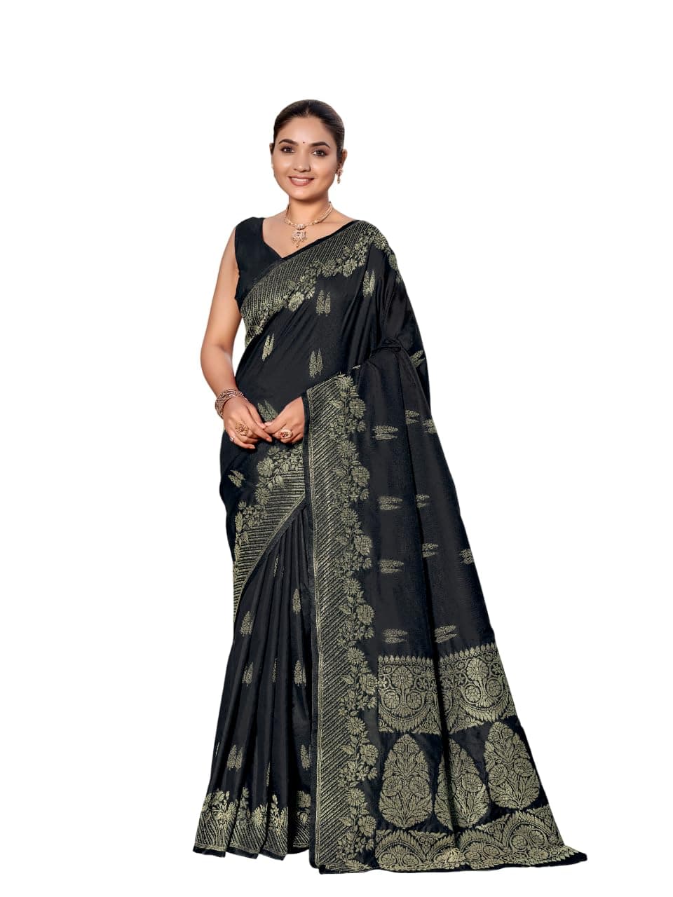 MANOHARI Women's Most Trendy Banarasi Woven Black Saree With Heavy Jacquard Work Saree With Blouse Piece