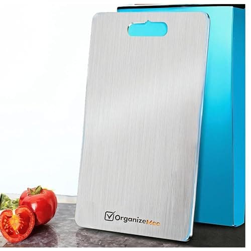 OrganizeMee Stainless Steel Chopping Board for Kitchen Heavy-Duty Cutting Board for Vegetables, Fruits Cutter, Meats, vegitable Chopper Boards, Premium Metal Chopping Board (Medium)(31.8CM X 21CM)