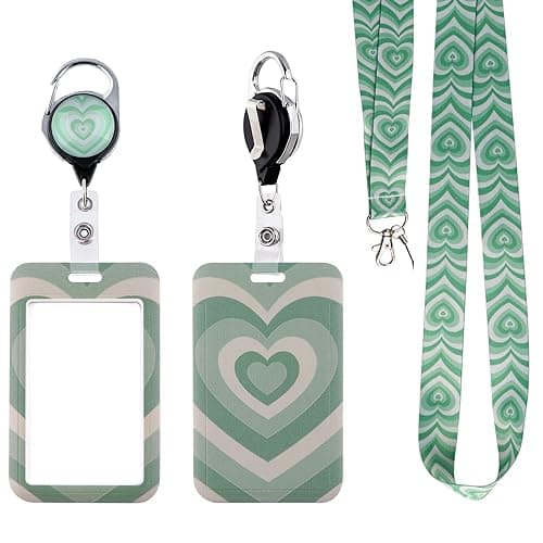 BKBKAAK Cute Green Heart Lanyard with ID Badge Holder Retractable Reel Clip Aesthetic Valentines Girls Women Lanyard with ID Card Holder for Keys Preppy Neck Lanyard for School Office