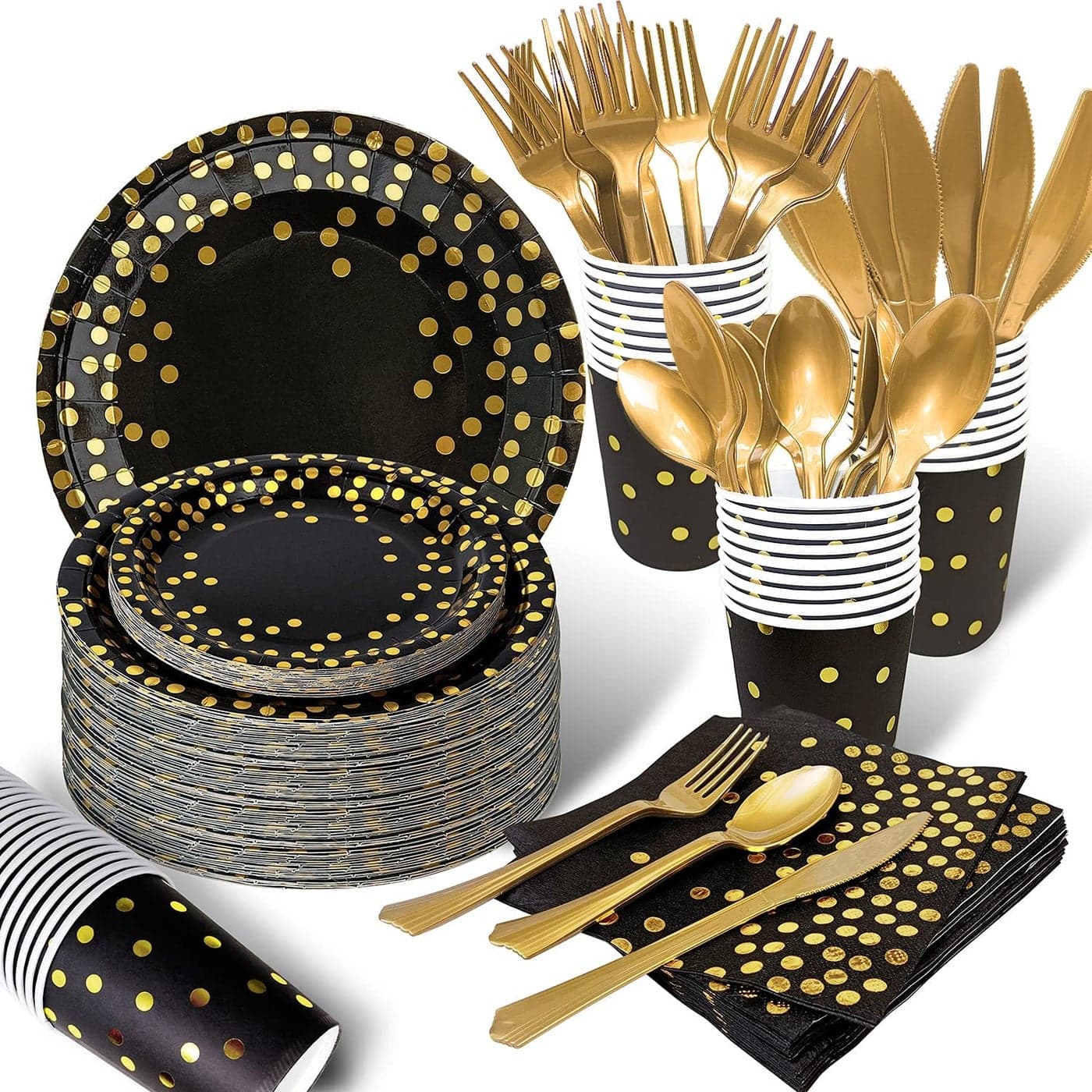175PCS Black and Gold Party Supplies Severs 25 Disposable Party Dinnerware Gold Plastic Forks Knives Spoons and Golden Dot Black Paper Plates Black Napkins Cups for New Years Graduation Birthday