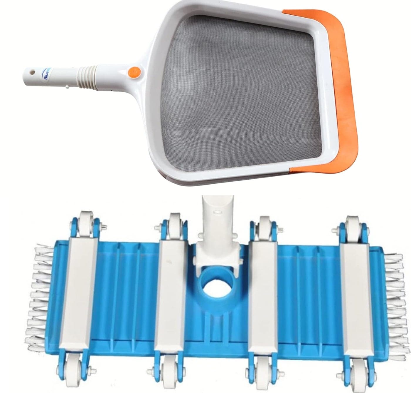 BlueWavePool Flexible Vacuum Head with Brush 14 Inch Blue Colour and BlueWave Swimming Pool Plastic Leaf Rake Mesh Net Skimmer Clean Swimming Pool Tool Leaf Skimmer Net Cleaning Brush
