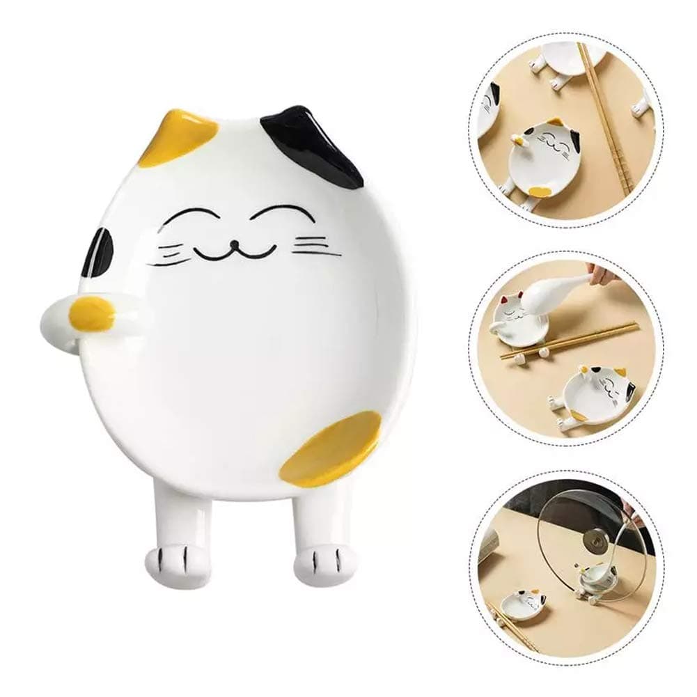 PROVIVID Ceramic Spoon Rest for Kitchen Multifunctional Cute Cat Shape Cooking Utensil Holder Coffee Spoon Rest Pot Lid Rack Ladle Rest Spatula Utensil Rest for Kitchen Counter Stove Top Yellow