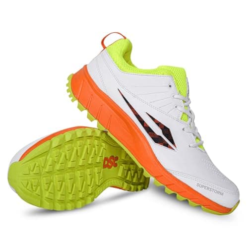 DSC Super Storm Cricket Shoes | Color: Orange/Lemon Yellow| Size: 8 UK/ 9 US/ 42 EU | Material: PVC | for Men & Boys | Lightweight and Durable | Breathable Mesh | Multidirectional Grip