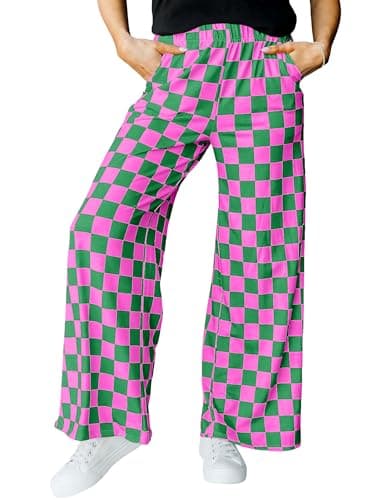 IWOLLENCE Women's Casual Loose Checkered Wide Leg Pants High Waist Straight Lounge Y2K Gingham Trousers Fall Hot Pink Green, M