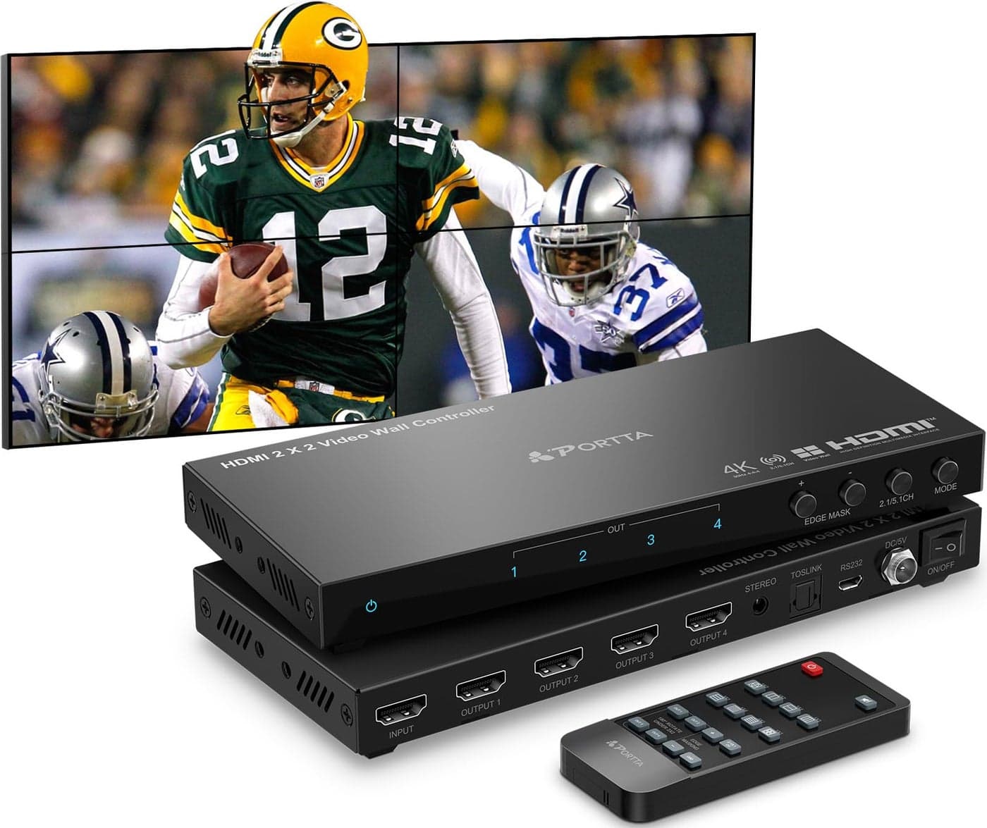 PORTTA HDMl Video Wall Controller 2x2 4K Video Wall Processor with 11 Splicing Modes RS232 180 Rotate Audio Extractor 2x21x21x31x42x13x1x4x1 4 tv Screens into 1 Wall Display