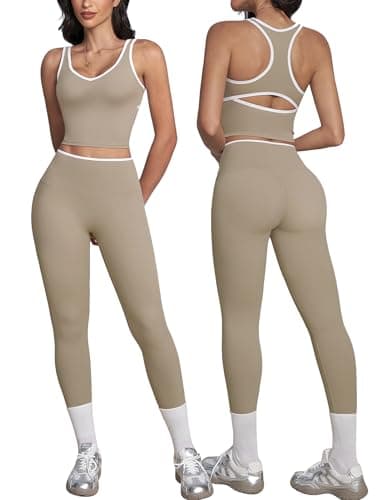 ABOCIW Workout Sets for Women Color Block Gym Set V Neck Racerback Tank Top Built in Bra High Waist Tummy Control Leggings Yoga Pilates Outfits Athletic Work Out Clothes Minky Medium