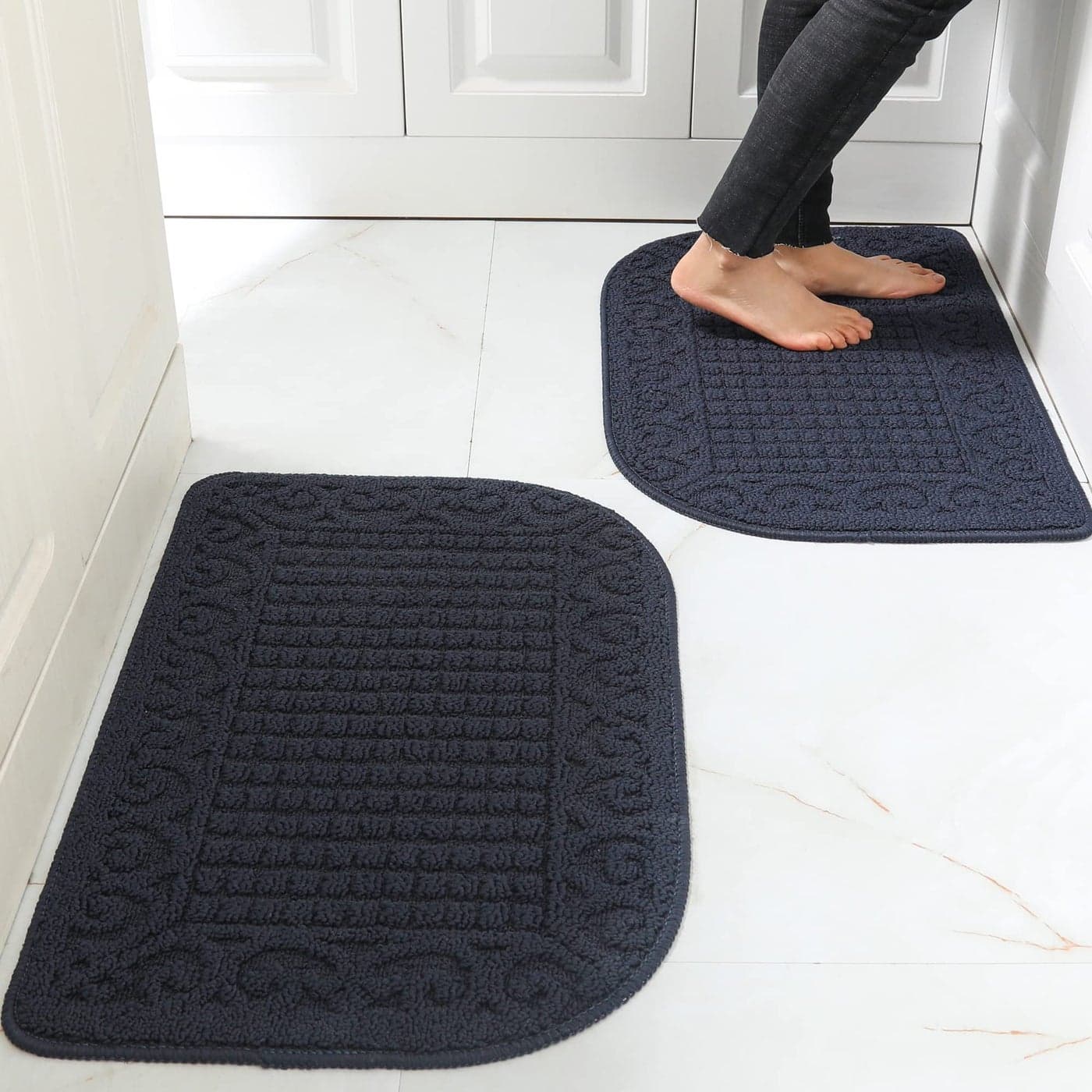 COSY HOMEER 32X20 Inch Anti Fatigue Kitchen Rug Mats are Made of 100 Polypropylene Half Round Rug Cushion Specialized in Anti Slippery and Machine Washable Navy 2pcs