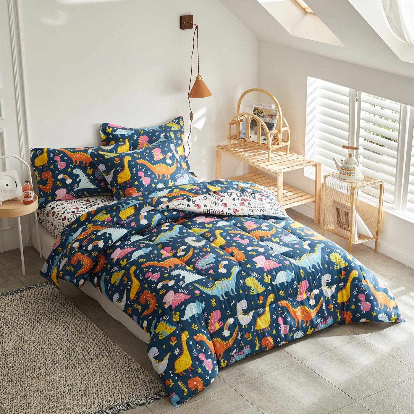Joyreap 7 Piece Queen Size Bed in a Bag Colorful Dinosaur Printed on Navy Microfiber Comforter Set for Kids Boys n Girls 1 Comforter 2 Pillow Shams 1 Flat Sheet 1 Fitted Sheet 2 Pillowcases