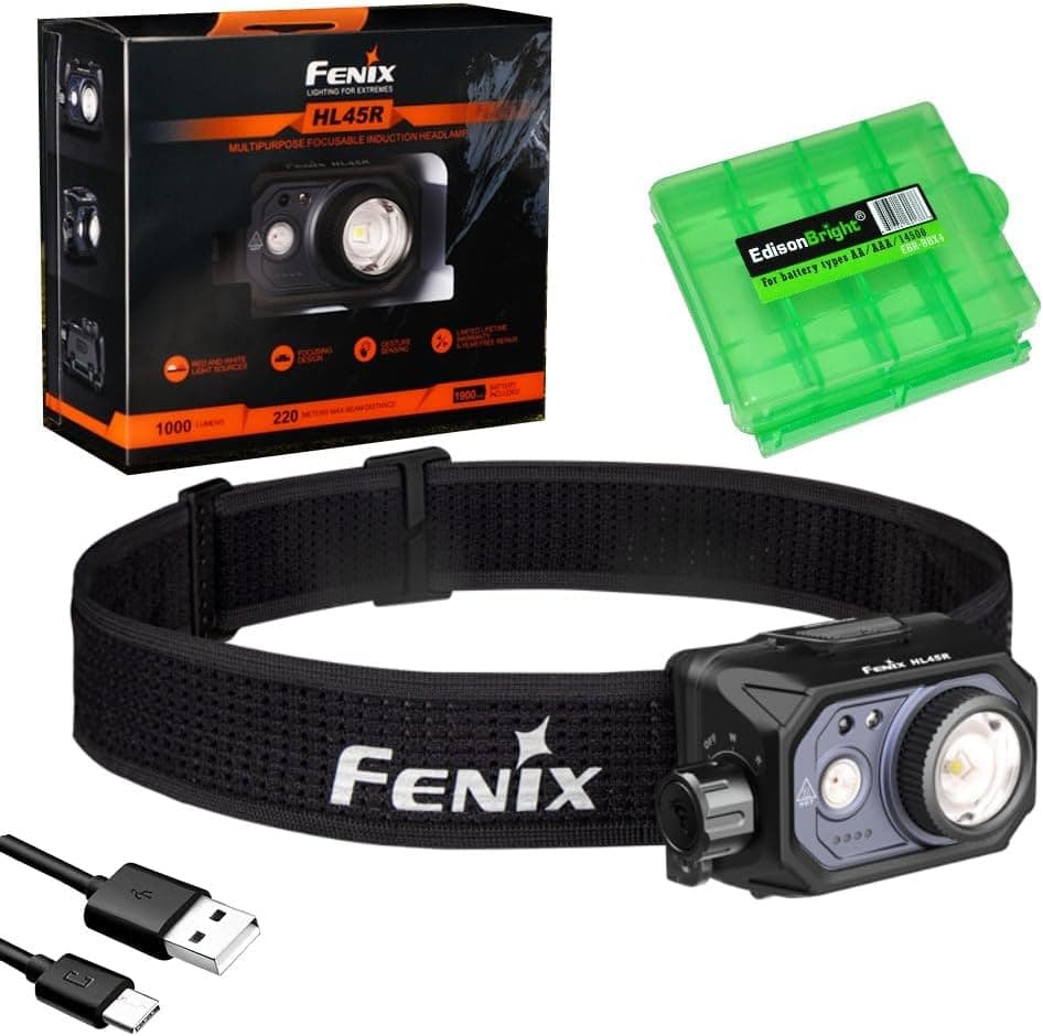 Fenix HL45R 1000 Lumen Adjustable Beam Headlamp Rechargeable AAA Dual Fuel Gesture Sensing FloodlightSpotlight Red Light with EdisonBright Battery Carrying case