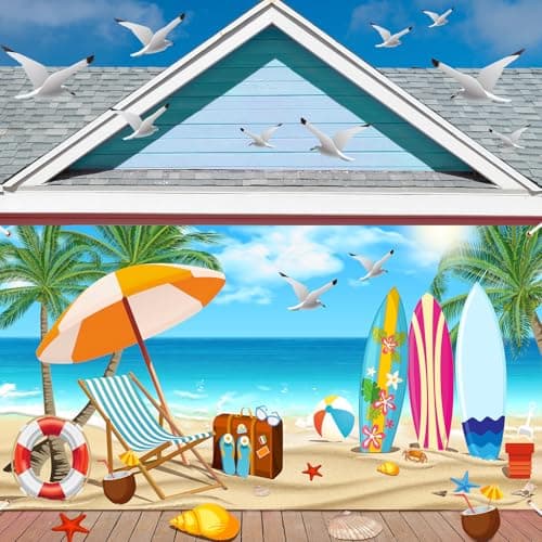 Moukeren Summer Garage Door Decorations 6 x 13 ft Summer Beach Garage Door Banner Cover Ocean Vacation Beach Backdrop Decoration for Indoor Outdoor Photography Photo Booth Background Hanging Decor