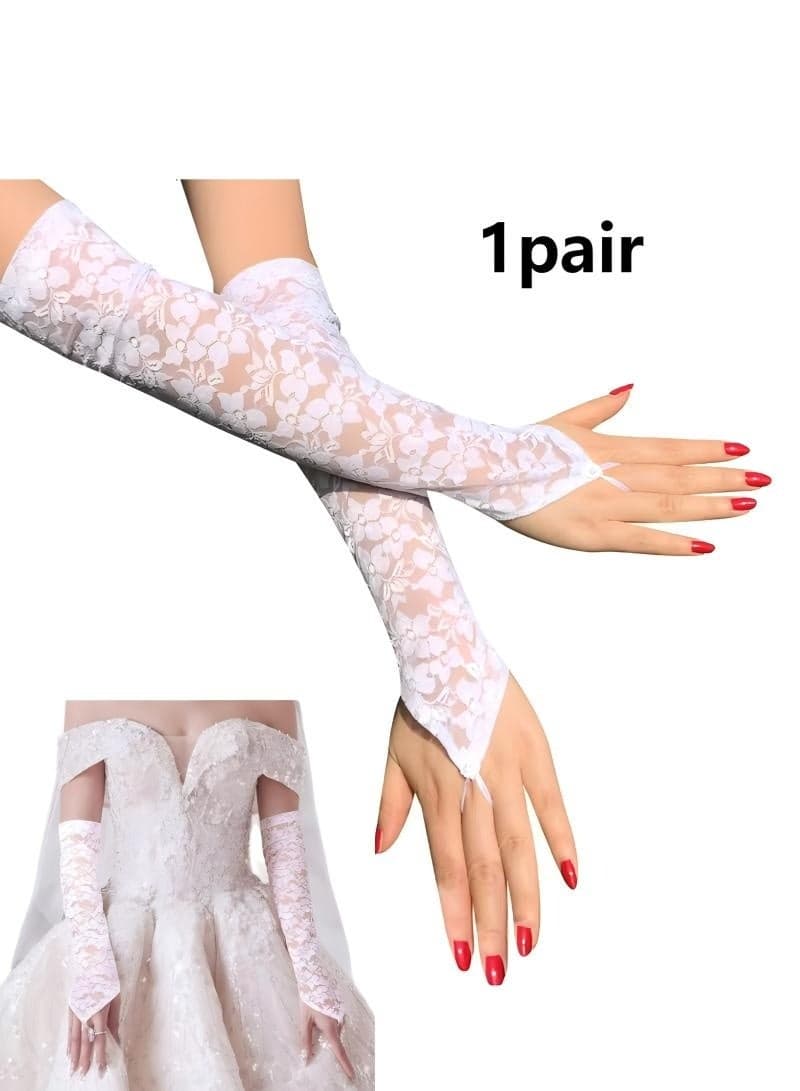 Women Fingerless Elbow Length Lace Gloves for Prom Cosplay Evening Wedding Bridal Dance White
