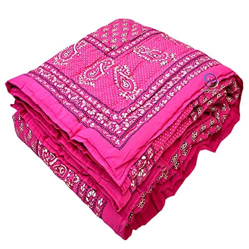 THROWS HOME DECOR Traditional Jaipuri Floral Print Design with Gold Print Cotton Single Quilt Blanket (Pink)