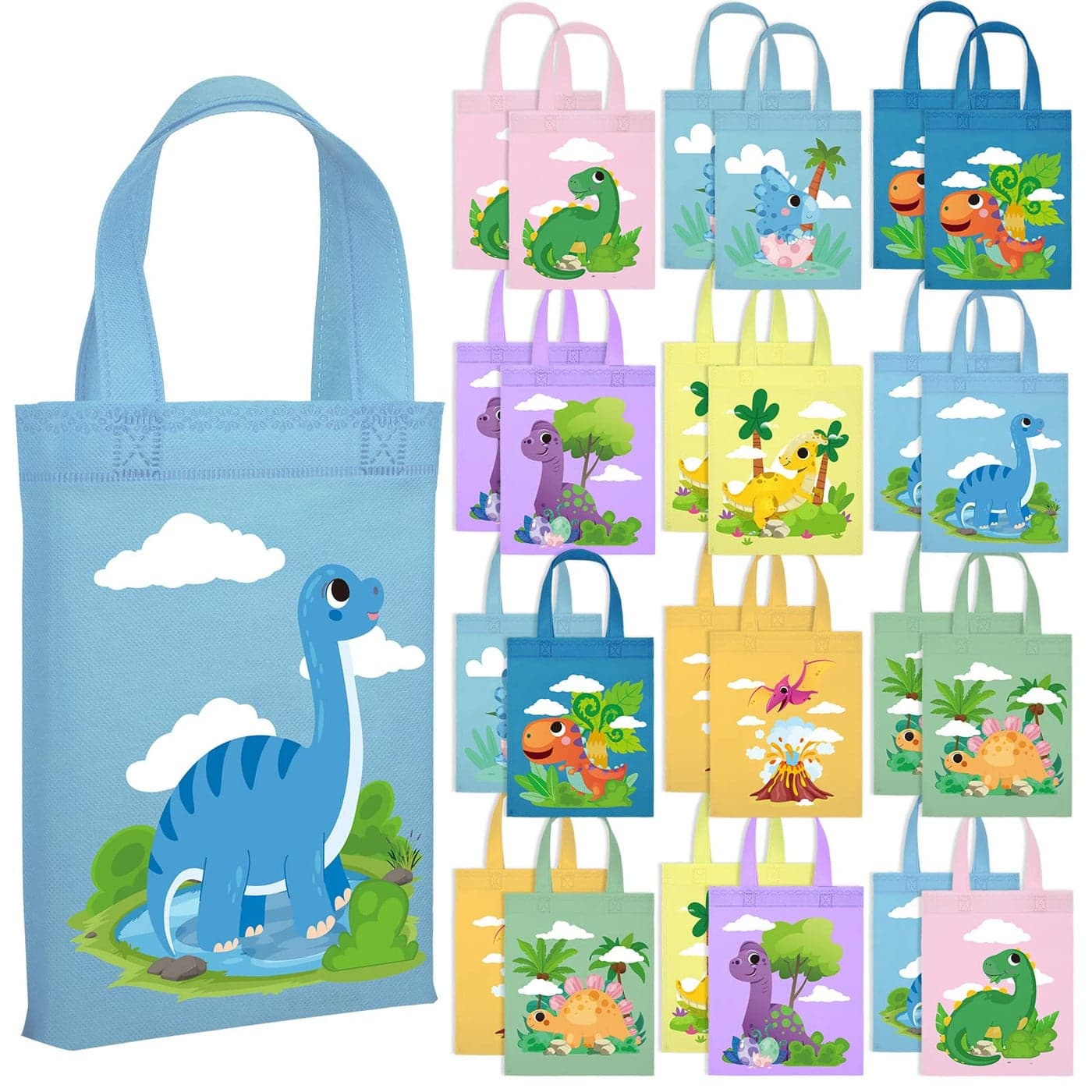 Ferraycle 24 Pcs Dinosaur Party Favor Bags with Handles Dinosaur Birthday Party Supplies Dino Non Woven Goodie Bags Reusable Gift for Kids Boys Girls Candy Goody Cute