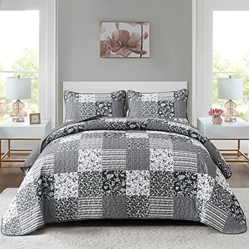 Mybedsoul Black Grey Boho Quilt Set King Size,3 Pieces Plaid Floral Bedspread Coverlet Set for All Season,Patchwork Reversible Bedding Set King 90"x104"