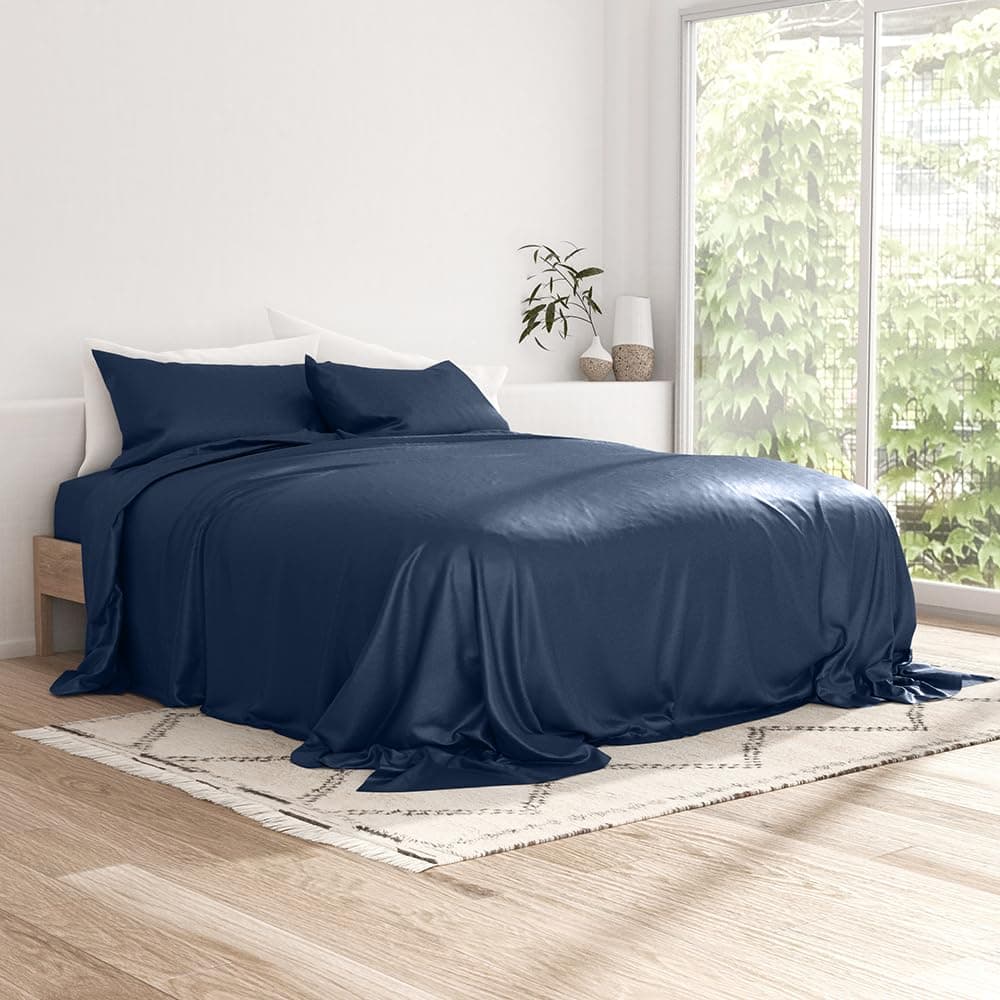Linen Market Queen Sheets Cooling Bed Sheets Set Deep Pocket Up to 16 Breathable Soft Bed Sheets Pillowcases Hotel Luxury Silky Soft Queen Size Bed Sheets Set 4 Piece Navy