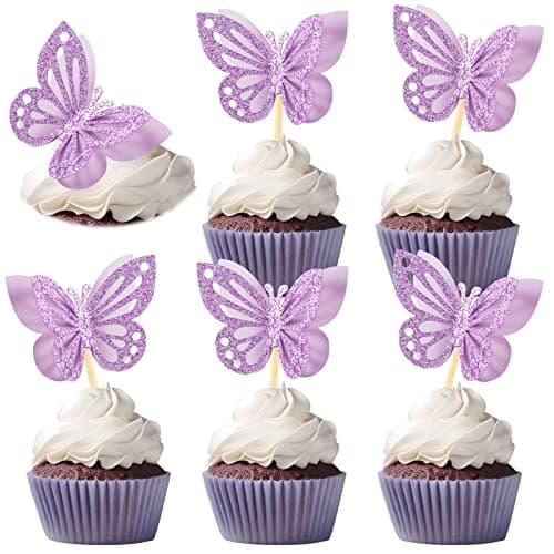 Chinco 48 Pcs Butterfly Cupcake Toppers Assembled Double Layer Cupcake Topper 3D Glitter Cake Topper Butterfly Cocktail Pick Decoration for Baby Shower Birthday WeddingPurpleClassic Style