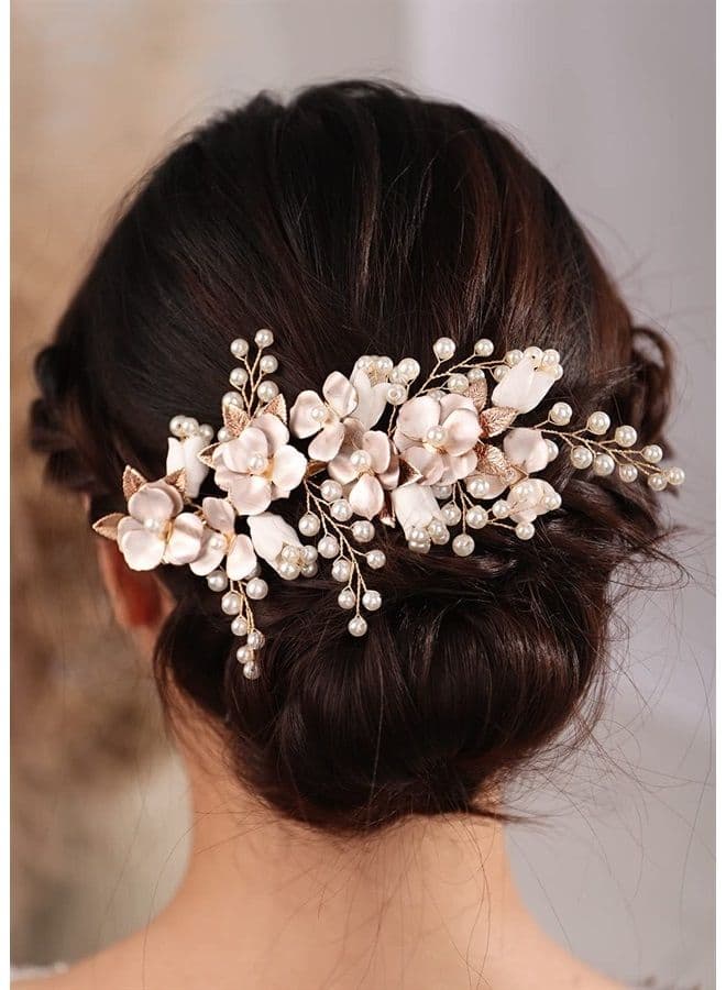 Pearl Beaded Pottery Flower Gold Hair Comb for Women Girls Wedding Bridal Hair Accessories Handmade Jewelry (Pearl)