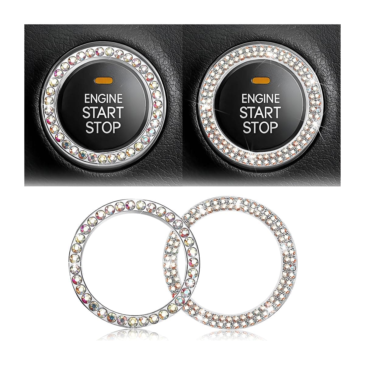 Car Bling Rhinestone Engine Start Ring Stickers 1 Single Drainage Drill and 1 Double Drainage Drill Car Start Button Cover Key Ignition Knob Bling Ring Decals Bling Car AccessoriesSet Multicolor