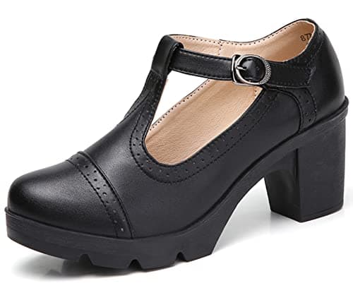 DADAWEN Women's Leather Classic T-Strap Platform Chunky Mid-Heel Mary Jane Square Toe Oxfords Dress Pump Shoes Black US Size 8