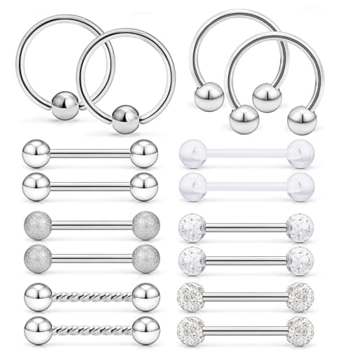 Ftovosyo 16Pcs Tongue Straight Barbell Piercing Jewelry 14G Surgical Steel Tongue Rings Hoop Rings Retainer Piercing Jewelry for Women Men 14MM (9/16 Inch) Silvertone