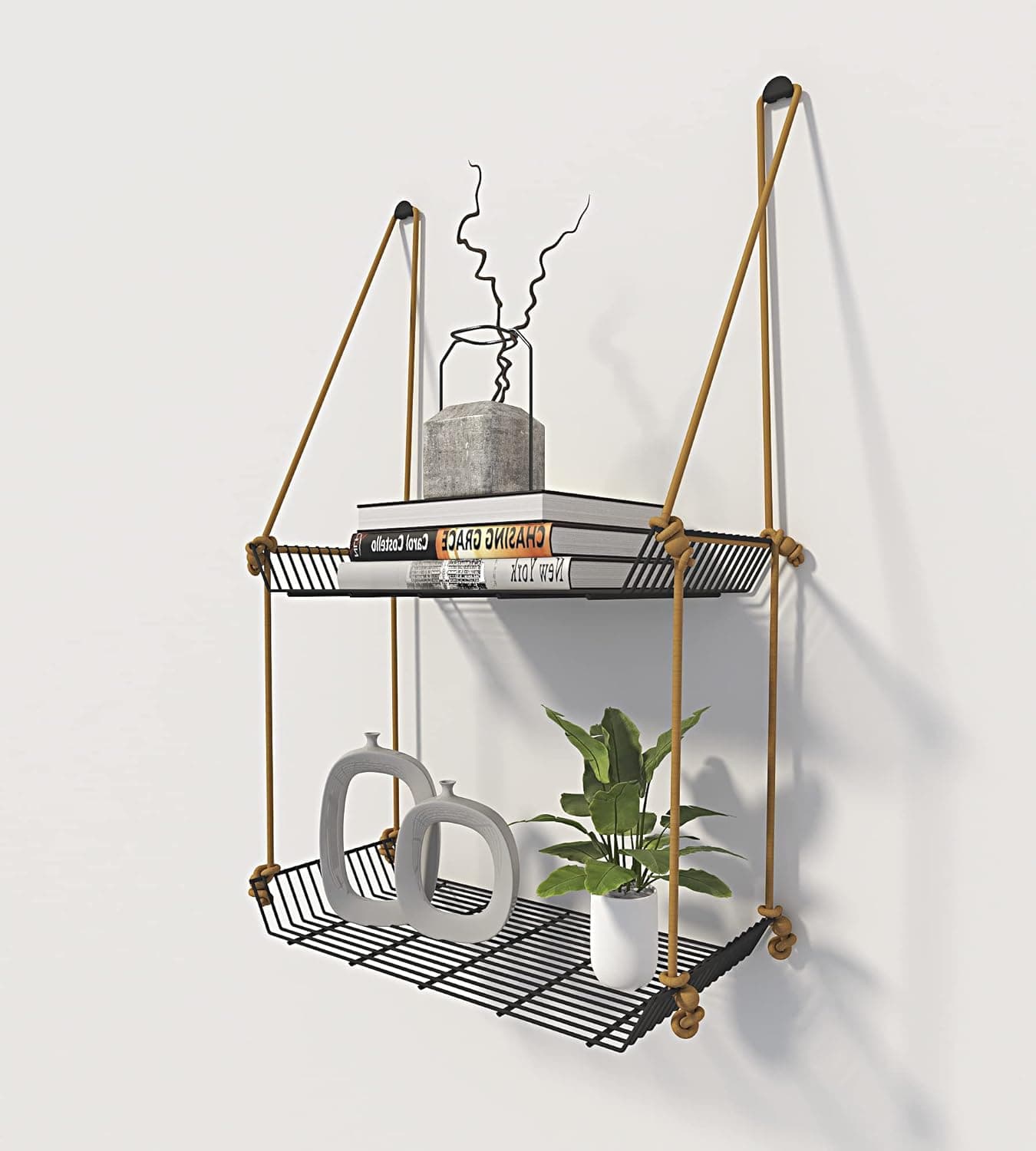 Meshable Weebill 2Tier Wall Hanging Metal Wall Shelf with Jute Rope Home Decor Wall Shelves and Storage Racks with Elegant Design Ideal for for Balcony and Terrace Standard Size Grey