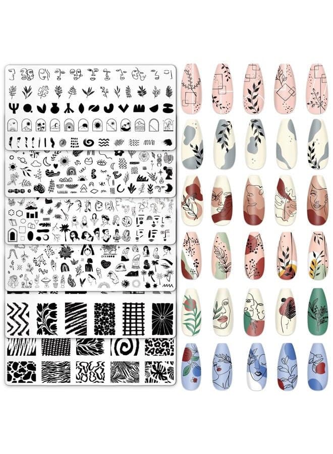 6Pcs Abstract Lady Face Nail Plates Stamping Set Boho Plant Stamp Templates Nail Art Plates for DIY Print Manicure Salon Design Gift Supplies