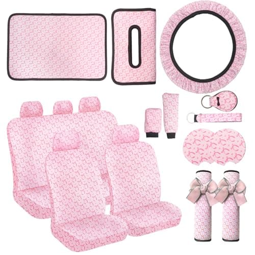JINGSEN 15 Pcs Pink Butterfly Car Steering Wheel Cover Center Console Armrest Pad Headrest Seat Belt Cover Handbrake Cover Keychain Coaster Full Set Car SUV