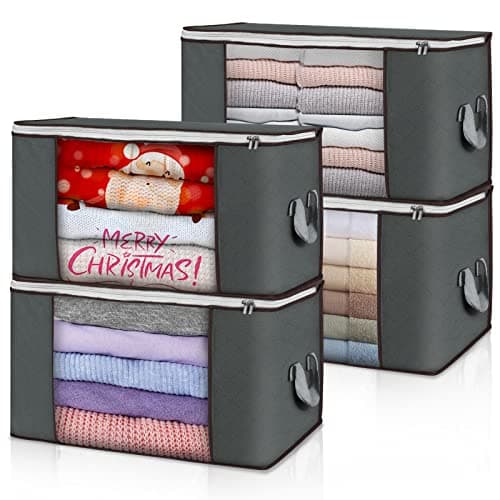 Large Storage Bags, 4 Pack Clothes Storage Bins Foldable Closet Organizers Storage Containers with Durable Handles Thick Fabric for Blanket Comforter Clothing Bedding 90 L (Gray)
