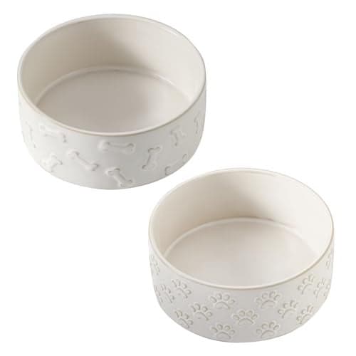 UBEE Ceramic Dog Bowl Set of 2 51 inch Dog Food Bowl Dish Pet Food Water Dish Feeding for Small Dogs and Large Cat Bone Paw Pattern 51 inSmall White
