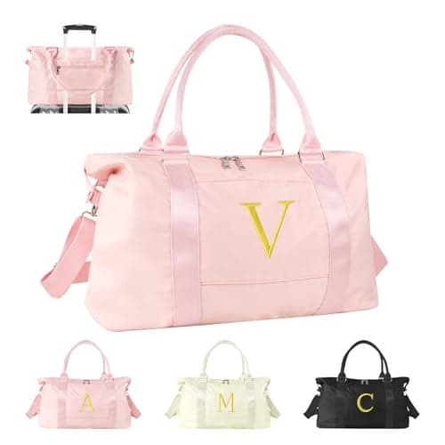 Personalized Initial Gym Dance Bag Travel Duffel Bag for Teen Girls Carry On Bag Overnight Weekender Bag with Trolley Sleeve Birthday Gifts for Women Mom Daughter Graduation GiftLetter V Pink