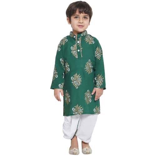 AJ DEZINES Kids Pure Cotton Full Sleeve Floral Printed Green Dhoti Kurta Set for Boys - Ethnic Wear | Traditional | Festival Wear for boys - Regular Fit