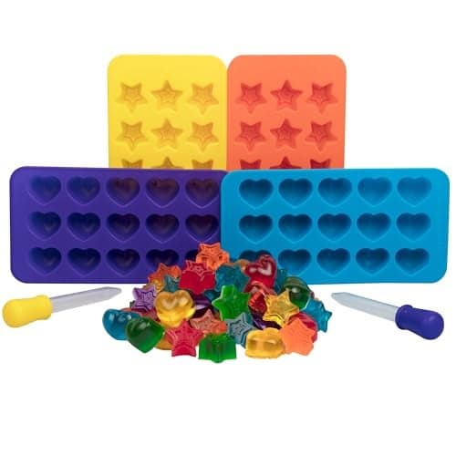 Silicone Gummy Star & Heart Candy Molds- 4 Pack BPA-Free Chocolate Mold Set w 2 Droppers- Nonstick Flexible Baking Trays for Gummies, Candy, Ice Cubes- Makes 60 Pieces- Great for Homemade Easter Candy