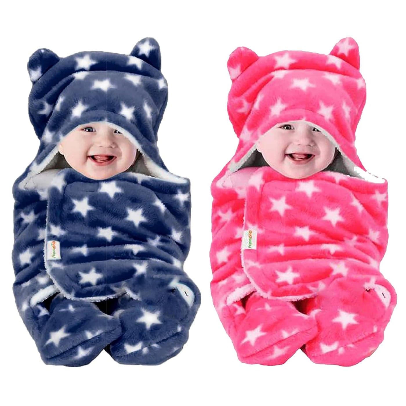 OYO BABY Baby Hooded Blankets Combo for New Born Babies Baby Boys Baby Girls Babies for 06 Months Fleece Skin Friendly 2 Blankets Star Dark Blue Star Pink