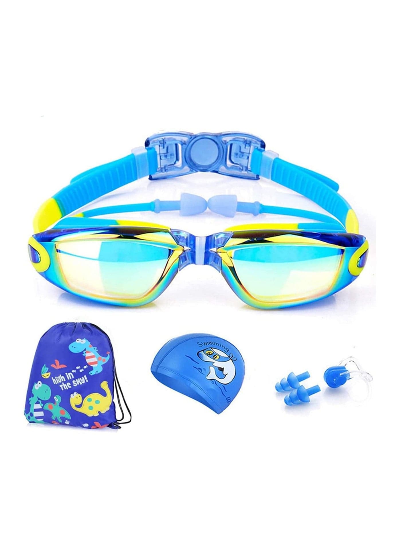 Swim Goggles Set Kids Swimming Goggles for Boys Girls Adjustable Straps Silicone Eye Seal Leak Proof UV Protection and Anti Fog Lenses Swimming Goggles with Ear Plug Nose Clip (Blue Age 4-12)