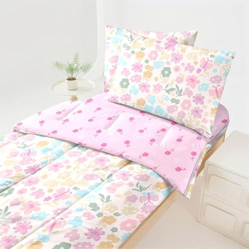 Dearller Zipper Bedding Twin Girls Pink Floral Bedding for Girls Flower Comforter All in one Zipper Kids Bedding
