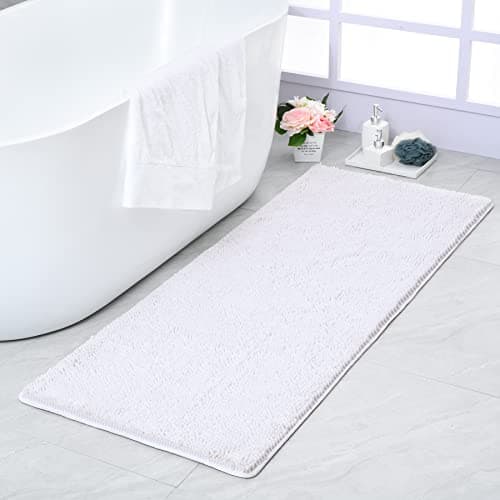 Noahas Bath Rugs 24'' x 48'' Bathroom Rug, Soft Luxury Chenille Bathroom Mats, Non-Slip and Absorbent Throw Rugs for Bath Tub, Plush Microfiber Shower Rug Machine Washable Floor Carpet, White