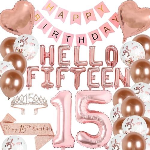 15th Birthday Decorations for Girls Rose Gold 15th Happy Birthday Tiara Sash Hello Fifteen Party Supplies Number 15 Balloons 15 Years Old Bday Party Kit for Her Girl Rose gold