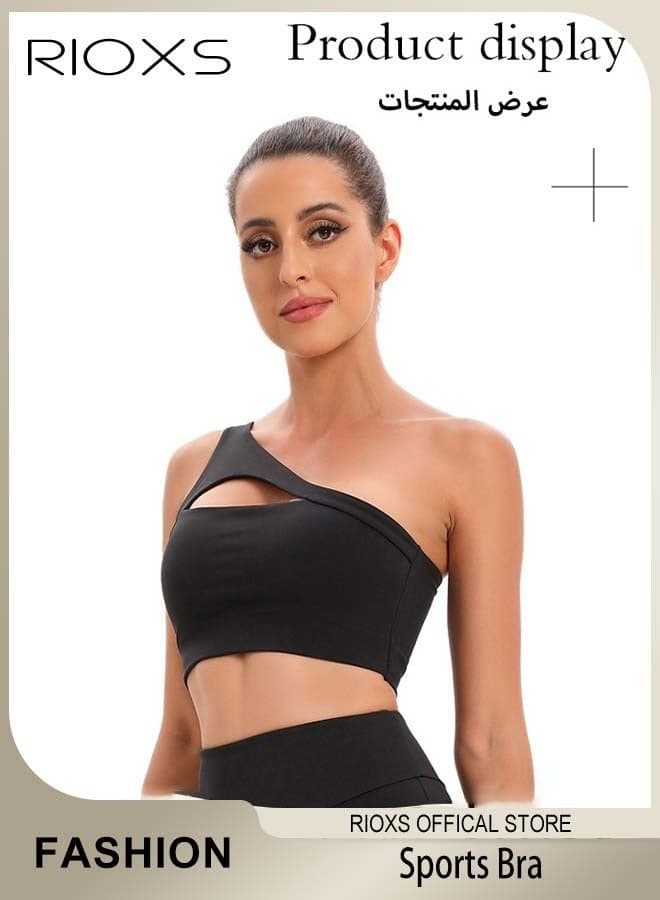 Women's One Shoulder Sports Bra, Wireless Padded Yoga Bras for Ladies, Breathable Asymmetrical Medium Support Workout Bra, Comfortable One Shoulder Workout Crop Tank Tops for Jogging Yoga, Cycling, Bowling, Tenis and More, Black