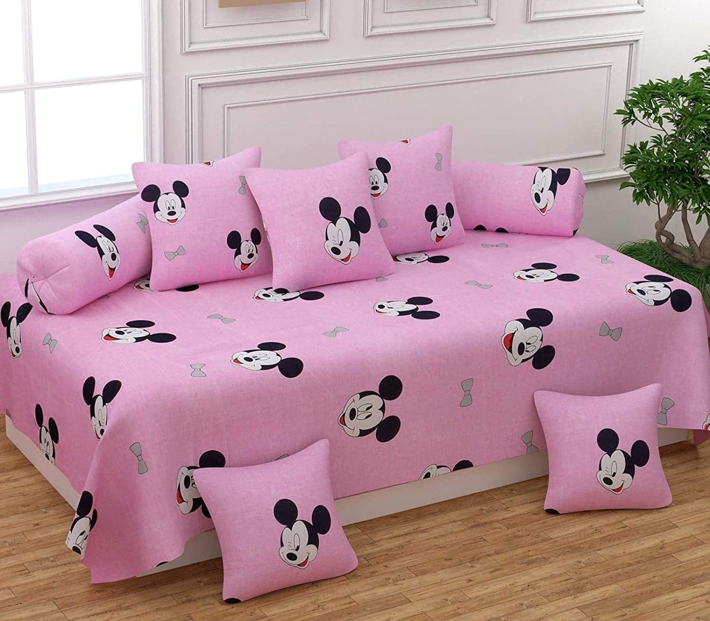 MORADO® Glace Cotton Diwan Set Pillows 5 with Bolster 2, Bedsheet (152x228 cm), 2 Bolster Covers (40x78 cm), 5 Cushion Covers (40x40 cm).Diwan Set of 8 for Living Room(Pink Mikimouse)