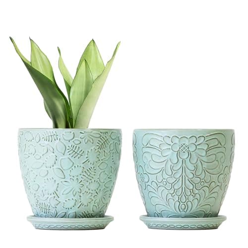 Bestseler 6 Inch Retro Ceramic Planter Set of 2 with Drainage Hole and Saucer for Plants, Indoor-Outdoor Garden Pots for Succulent, Orchid, and Flower (Fits Inner Pots Up to 5 Inches, Retro Green)