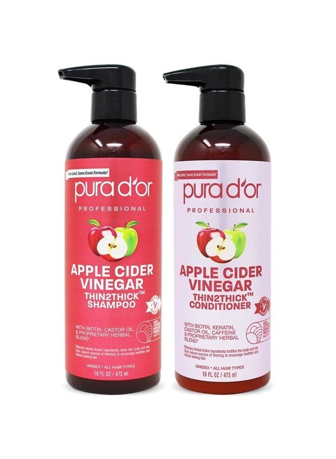 Apple Cider Vinegar Thin2Thick Set (16oz x 2) ACV Shampoo & Conditioner, Clarifying, Detox - Biotin, Keratin, Caffeine, Castor Oil, Aloe - All Hair Types, Men & Women (Packaging may vary)
