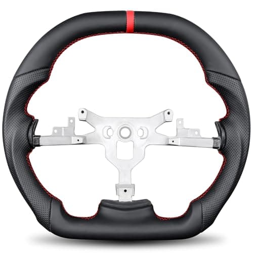 TESFEEL Steering Wheel for Chevy Corvette C6 2006-2011, Full Leather, Double D Flat-Top&Bottom, Red Stripe & Stitching Nappa Perforated Leather, Fits for C6 Base/Z06/ZR1/Grand Sport