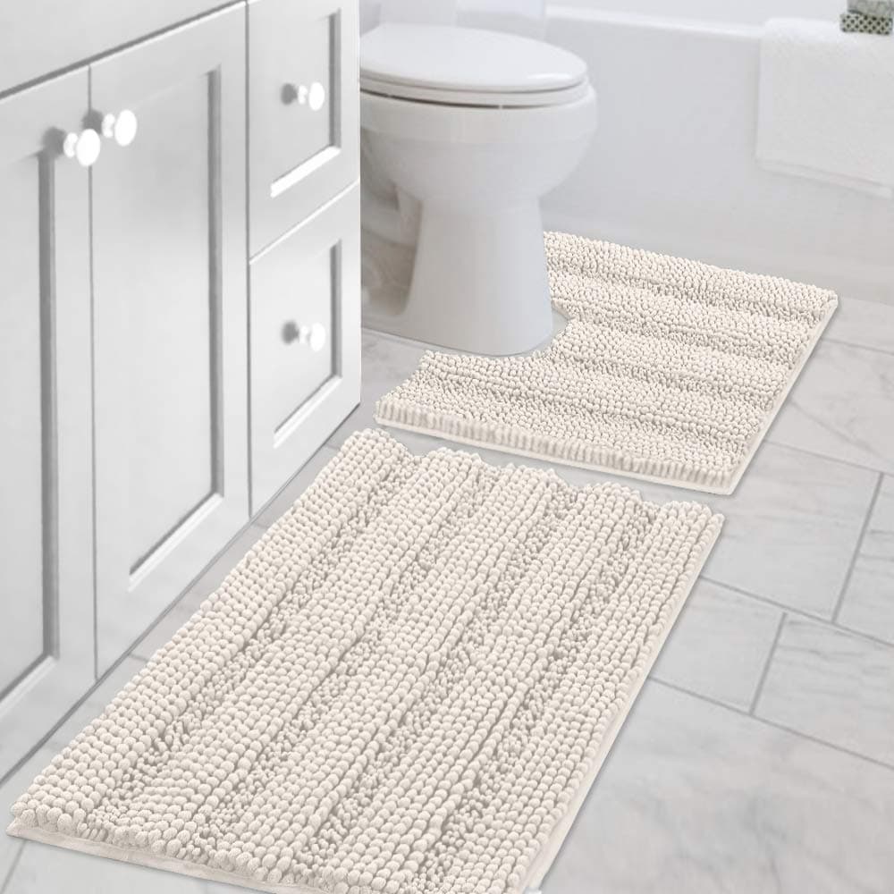 HVERSAILTEX Bathroom Rugs Bath Rug Set 2 Piece Bathroom Contour Rug Toilet Mat Sets Non Slip Contour Bath Rug Ultra Thick Water Absorbent Striped Bath Mats Washable20 x 32 Plus 20 x 20 U Ivory
