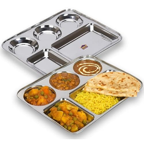 URBAN KRAFT 5In1 Stainless Steel Plates with Compartments/Bhojan Thali/Partition Plates Set of 2/Steel Plates for Lunch/Dinner/Kids Plate/Thali Set - Extra Deep Mess Tray (Pack of 2, Round Bowl)