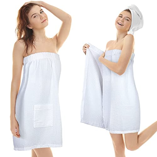 Hercicy 4 Pcs Women Spa Wraps Waffle Robes with Adjustable Closure and Elastic Top Lightweight Towel for Bath Shower (White)