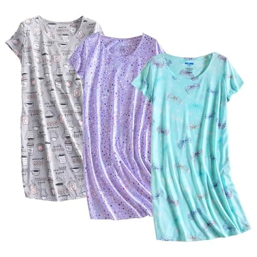 PNAEONG 3 Pack Women's Cotton Nightgown Sleepwear Short Sleeves Shirt Casual Print Sleepdress SY003-Coffee+Fly+Purple-2XL